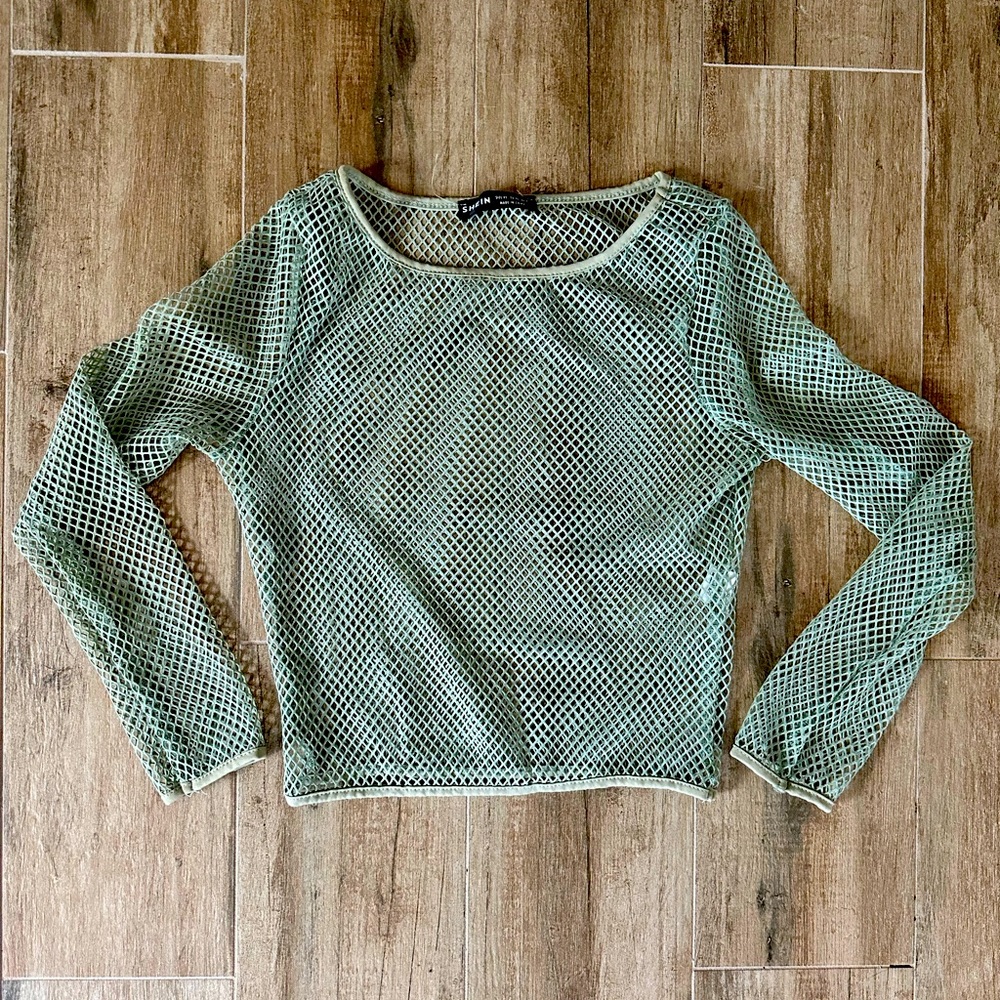 Green mesh long sleeve top